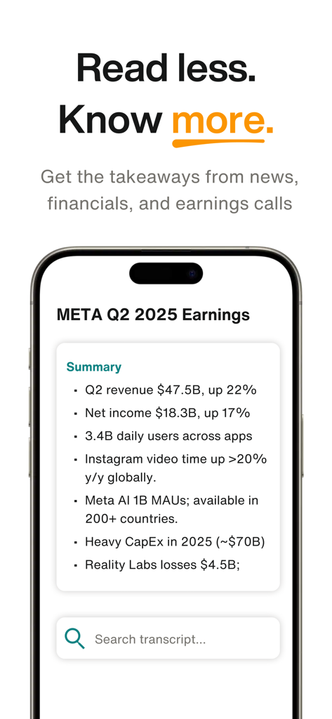 A smartphone screen displaying a concise AI-generated summary of Meta Q2 2025 earnings with key financial metrics on the Bloom app.