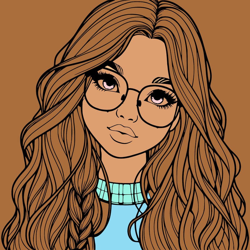 girl with long hair and freckles and glasses realistic