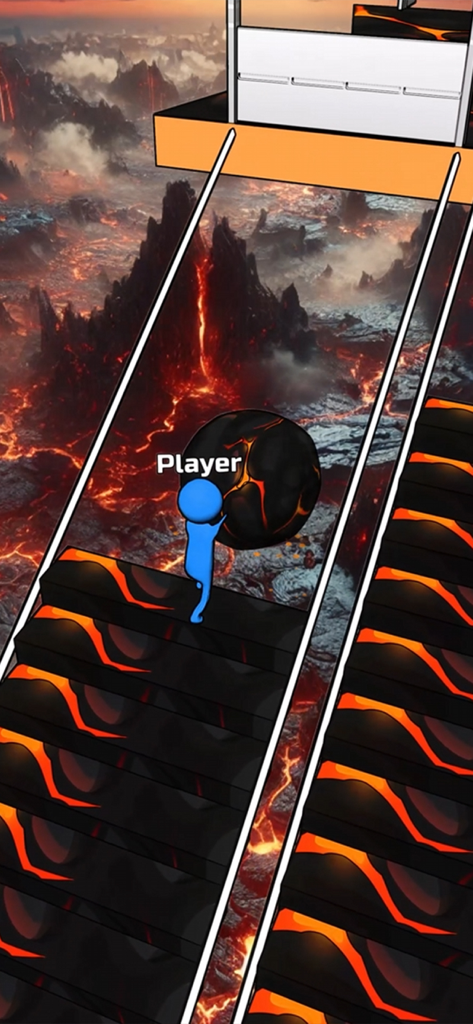 Bridge Race - Un personaje azul empujando una roca de lava por unas escaleras en Bridge Race