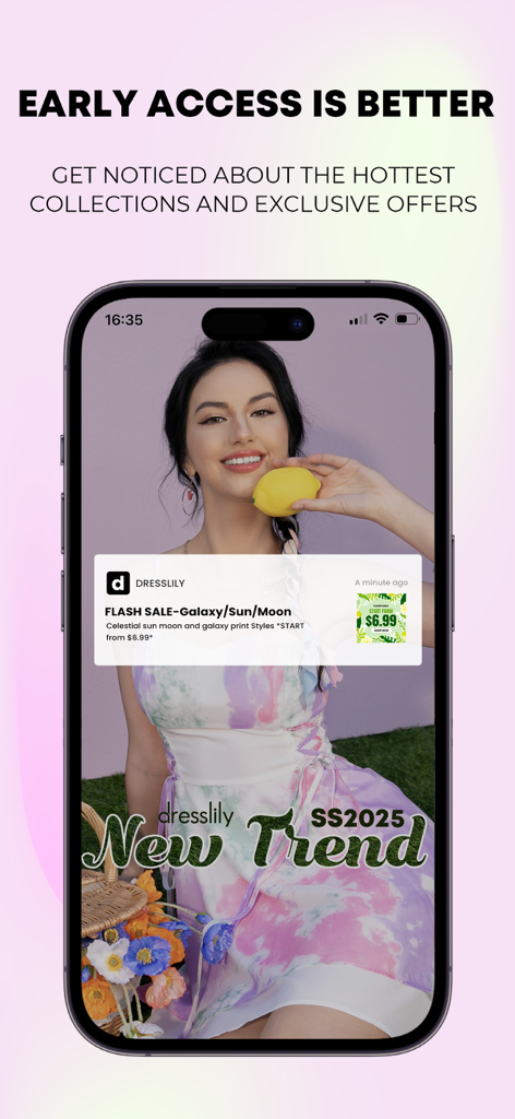DressLily app screen showing early access to flash sales and new fashion trends.