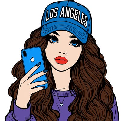 realistic beautiful girl wearing los ángeles cap holding an iphone
