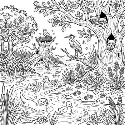 Celebrate the season of renewal with this intricate coloring page depicting a lively spring estuarine habitat. Discover a world teeming with diverse wildlife and blooming plants, ready for your creative touch.