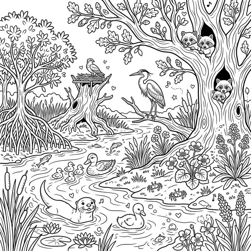 Celebrate the season of renewal with this intricate coloring page depicting a lively spring estuarine habitat. Discover a world teeming with diverse wildlife and blooming plants, ready for your creative touch.