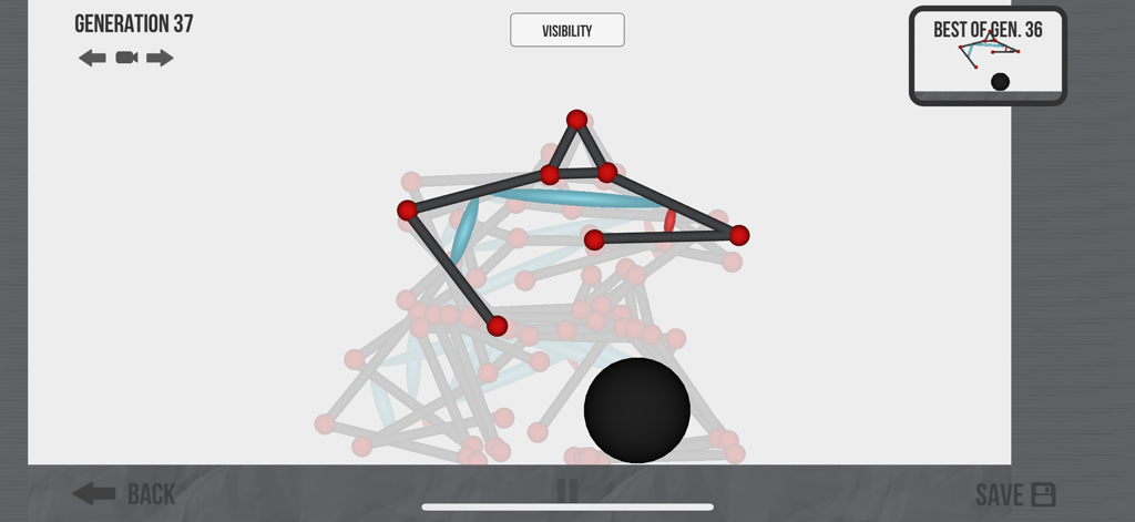 Skeletal creature structure evolving through a machine learning simulation at generation thirty-seven