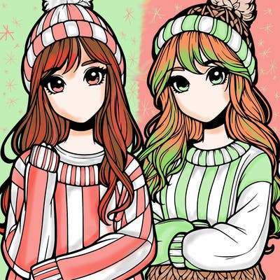 two realistic girls in big sweaters