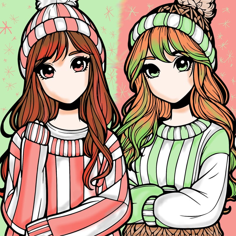 two realistic girls in big sweaters