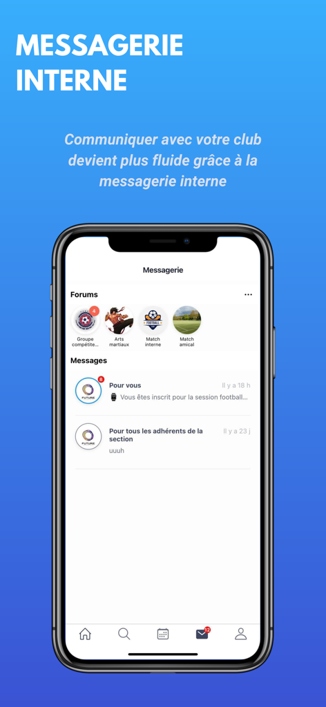 MonClub App - Internal messaging interface of the MonClub app showing various sports club forums and personal messages.