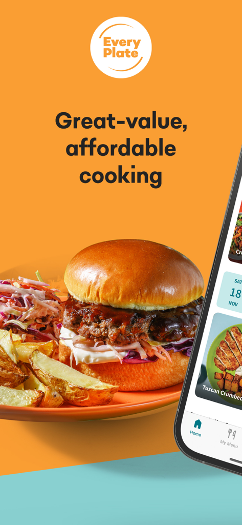 EveryPlate app interface showing a burger meal and the slogan Great-value affordable cooking