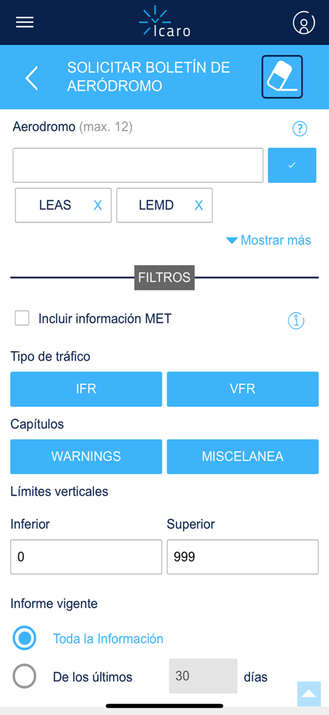 Interface for requesting an aerodrome bulletin in the ICARO aviation app showing flight filters and traffic types