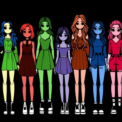 seven realistic girls standing up next to each other