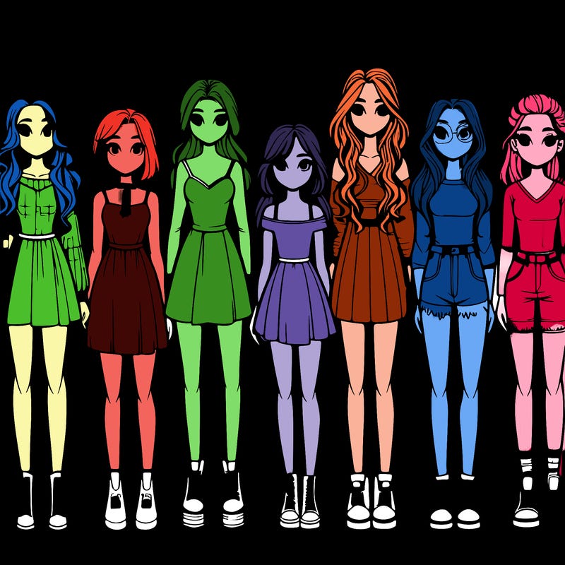 seven realistic girls standing up next to each other