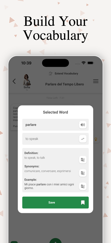 Italian vocabulary building tool in ItalicoAI showing word definitions and synonyms for the word parlare