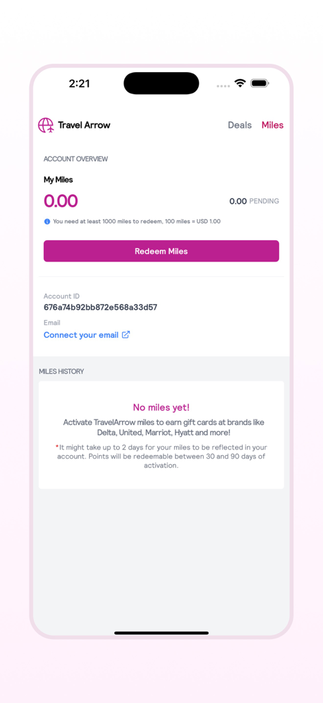 Interfaz de la aplicación móvil TravelArrow mostrando el saldo de millas del usuario y la vista general de recompensas de la cuenta