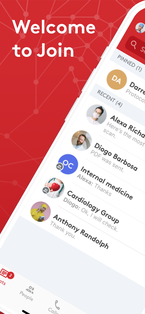 Join - Medical Communication - Welcome screen of the Join app displaying a secure chat list for medical professionals including clinical departments and individual contacts