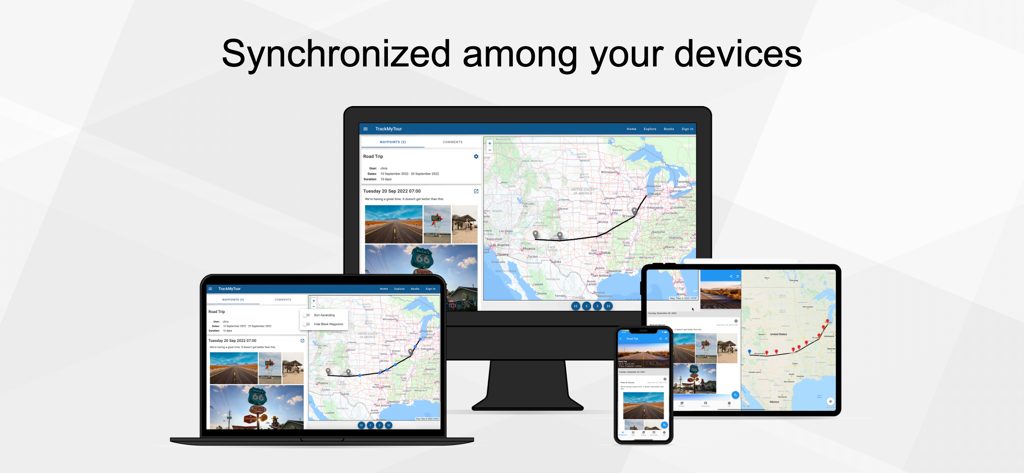 TrackMyTour travel blogging app synchronized across a smartphone, tablet, laptop, and desktop monitor