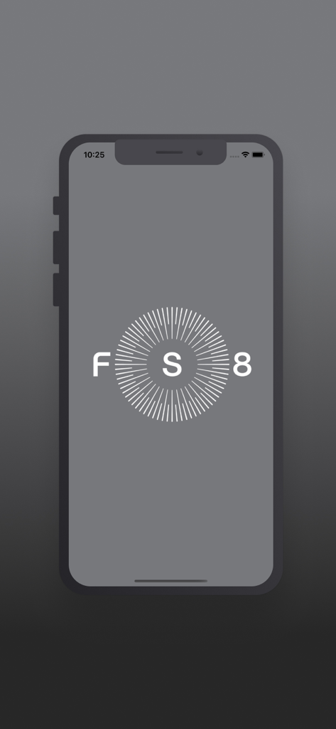 Minimalist splash screen of the FS8 Studio app featuring the brand logo on a grey background.