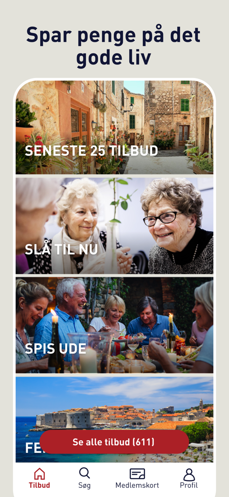 Pantalla de inicio de la aplicación Aeldre Sagen Tilbud mostrando categorías de descuentos para personas mayores como comer fuera y viajar