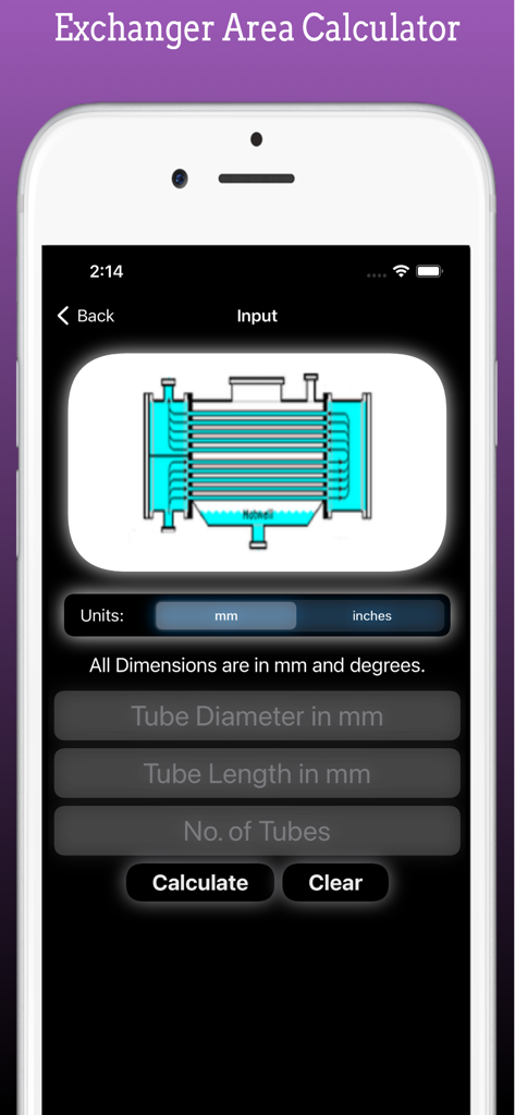 Schermata di input dell'app Heat Exchanger Area Pro con specifiche dei tubi e diagramma schematico
