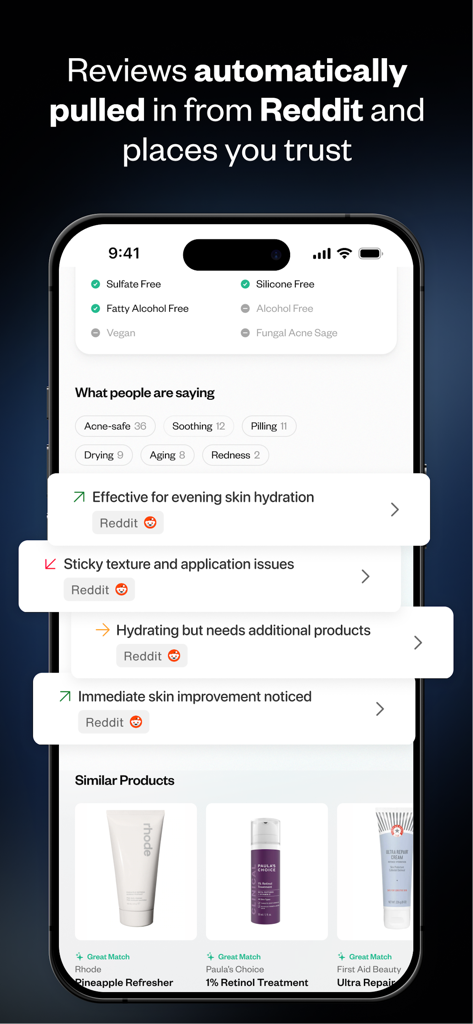 Thea - Start Your Glowup - Thea mobile app displaying skincare reviews and insights from Reddit.