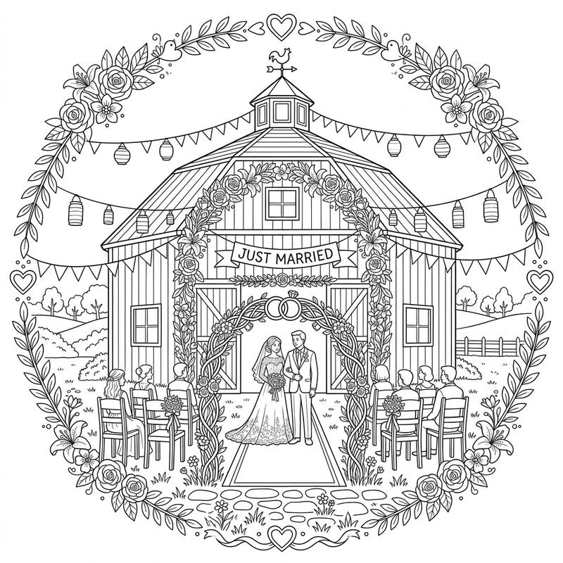 Step into a picturesque celebration with this enchanting round barn wedding coloring page. Featuring a happy couple, floral decorations, and intricate details, it's perfect for anyone who loves romance and rustic charm.