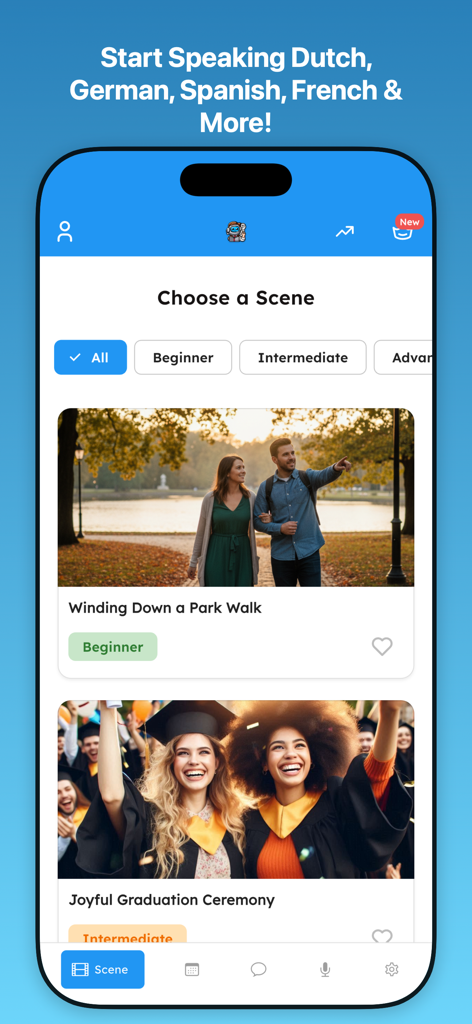 A mobile interface for choosing language learning scenes with difficulty filters and visual cards.