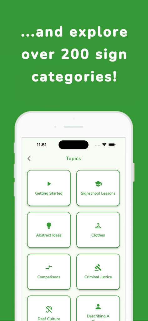 SignSchool app screen showing various American Sign Language sign categories including Deaf Culture and Criminal Justice.