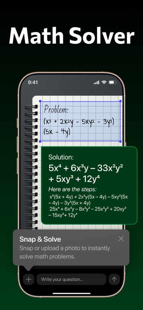 Interfaz de smartphone que muestra la función Solucionador de Matemáticas IA escaneando y resolviendo una ecuación polinomial con instrucciones paso a paso