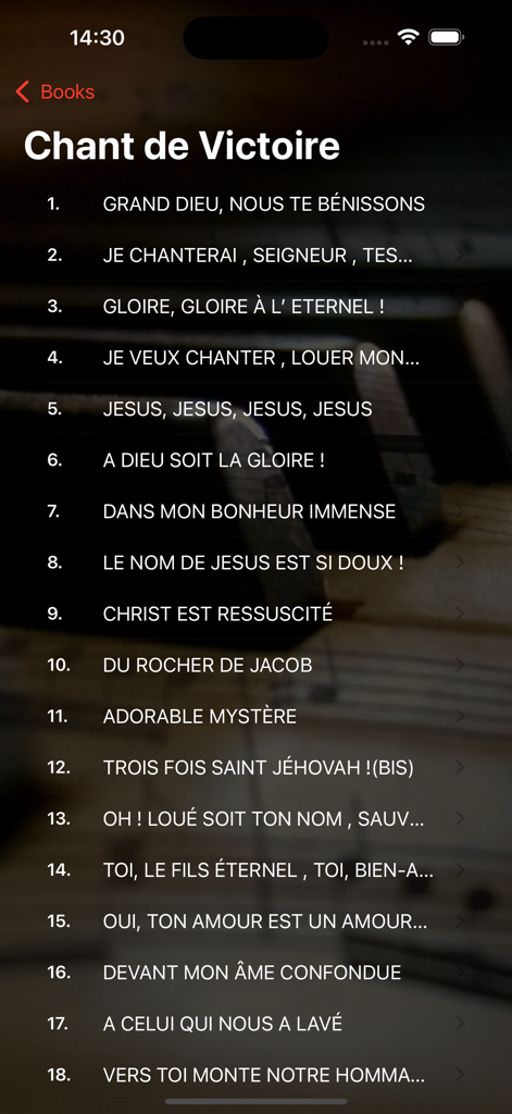 Songs of praise - Lista numerada de hinos em francês do hinário Chant de Victoire.
