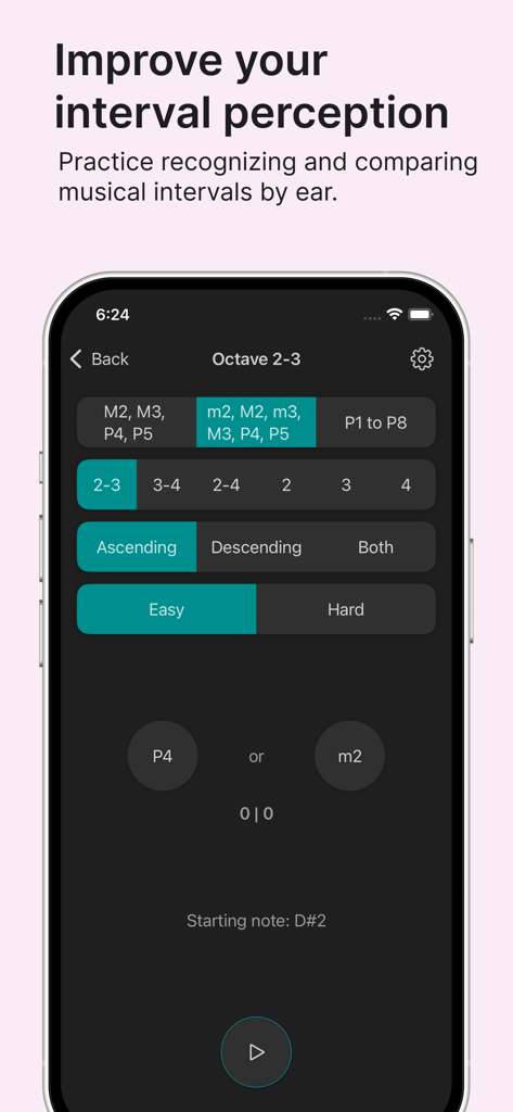 Chord - Interval practice interface in the Chord app showing ear training exercises for musical intervals on an iPhone screen.