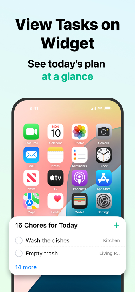 House Chores Cleaning Schedule - iPhone home screen displaying a widget with a daily cleaning task list.