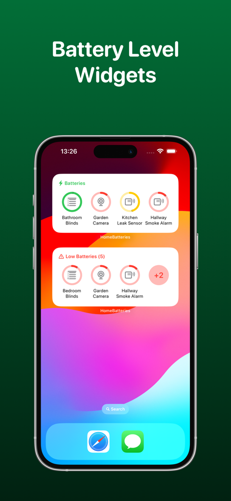 HomeBatteries for HomeKit - iPhone home screen with widgets showing HomeKit device battery levels
