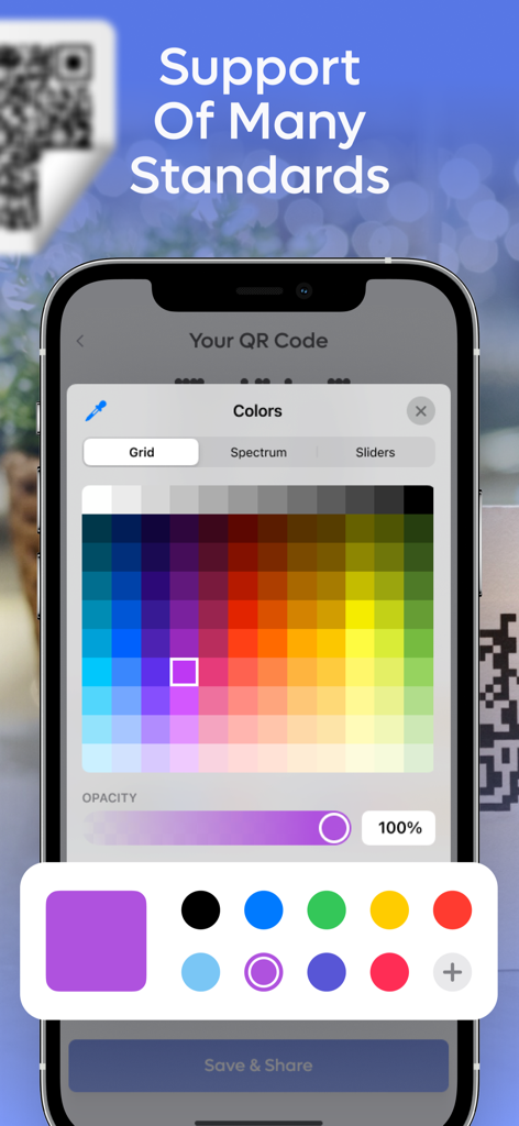 A mobile app interface displaying a color grid and opacity slider for customizing a generated QR code.