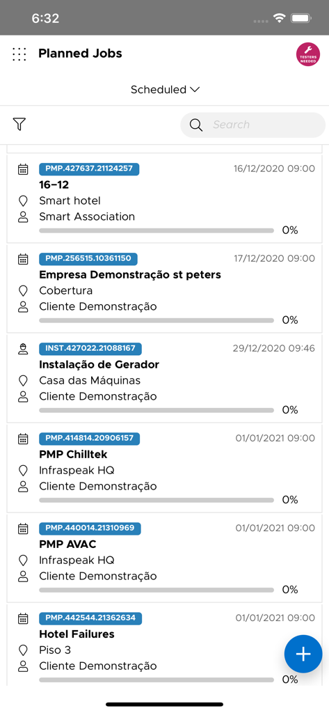 Infraspeak Manager - Tela do aplicativo Infraspeak Manager exibindo uma lista de tarefas de manutenção agendadas e trabalhos planejados.