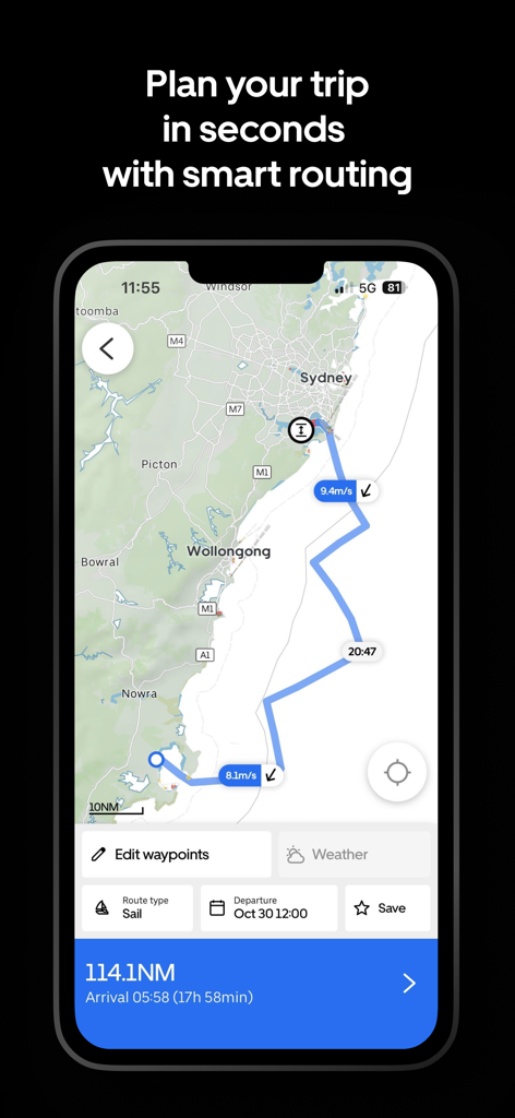 L'app di navigazione marina Orca mostra un itinerario di navigazione pianificato su una mappa costiera con tempo di percorrenza e distanza