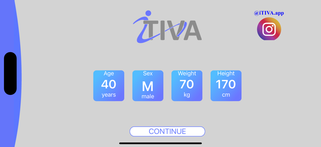 Patient parameter input screen in iTIVA Anesthesia Plus app displaying age sex weight and height
