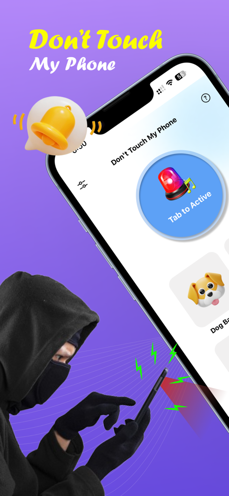 Don't Touch My Mobile - A hooded figure trying to steal a smartphone with an active anti-theft alarm siren and ringing bell icon