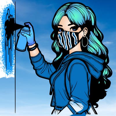 realistic girl with mask spray painting a wall