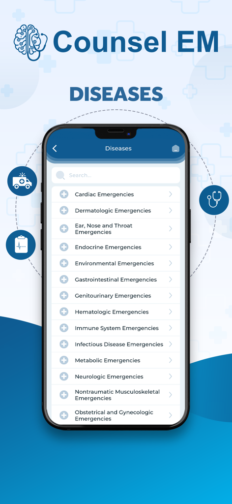 Counsel EM - Pantalla de la aplicación Counsel EM que muestra una lista categorizada de temas de enfermedades de medicina de emergencia para médicos.