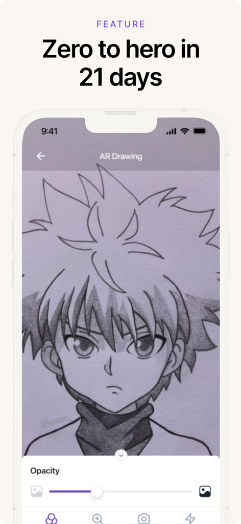 AR Drawing: Easy to Sketch - Smartphone displaying an anime character sketch in the AR Drawing app with an opacity slider