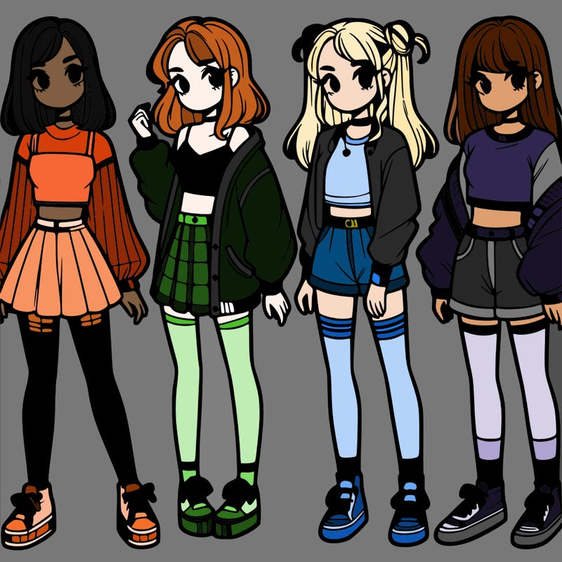 one girl with crop-top shirt and a jacket with a skirt, long socks and another girl with a shirt and pants with a jacket