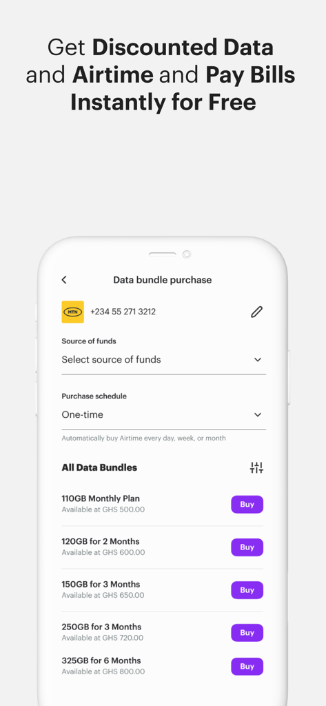 Chipper Cash - Schermata dell'app Chipper Cash che mostra l'acquisto di pacchetti dati e opzioni di pagamento bollette