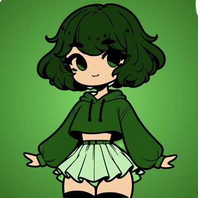 cute femboy with short, fluffy hair that softly frames their face, wearing a cropped hoodie, paired with a flouncy short skirt, and thigh-high stockings