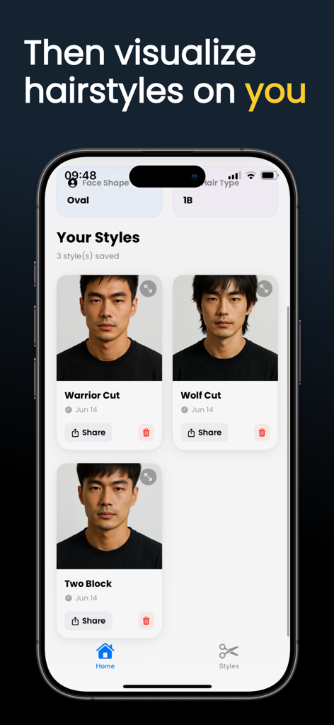 Mobile app interface showing AI generated hairstyle previews for an Asian man including wolf cut and two block styles