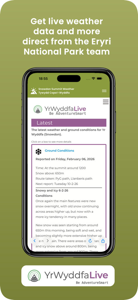 Snowdon Summit Weather - Snowdon Summit Weather app interface showing live mountain ground conditions and hiking safety reports