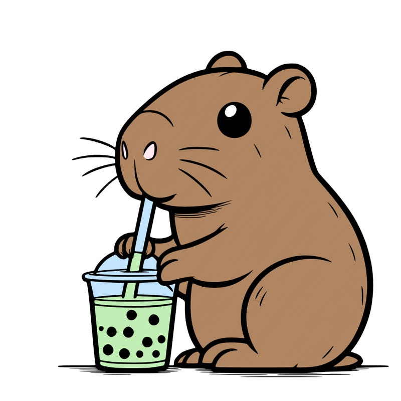 a capabara drinking boba