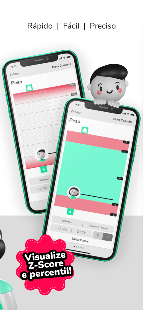 Graphi - Dois iPhones exibindo o aplicativo Graphi com gráficos de crescimento pediátrico para rastreamento de peso e visualizações de pontuação Z.