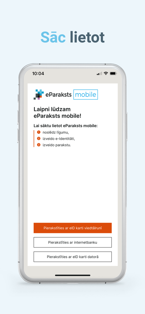Welcome screen of the eParaksts mobile app showing login and registration options in Latvian.