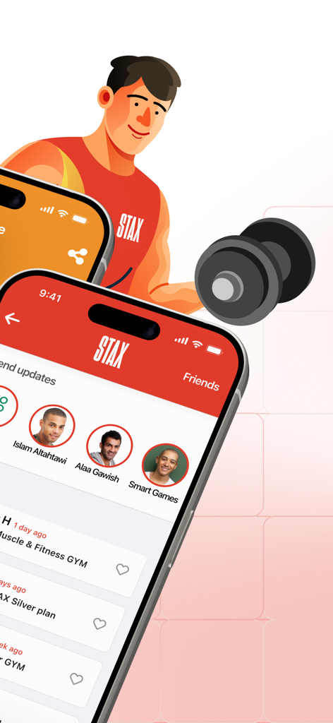 STAX app interface showing friends profiles and recent gym activity feed