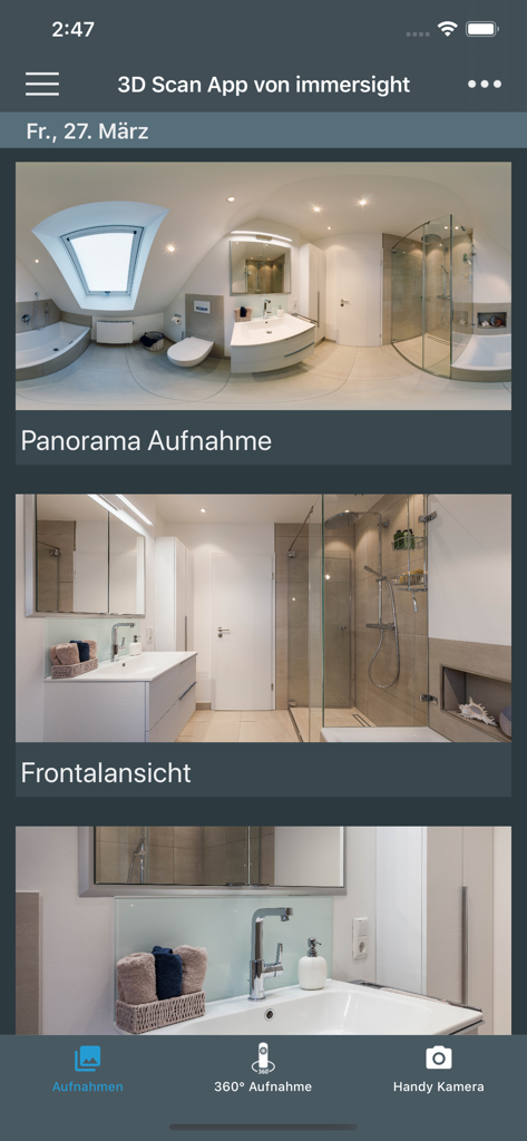Interface do aplicativo 3D-Scan mostrando capturas de ambiente em 360 graus e vistas frontais de um banheiro para documentação profissional.