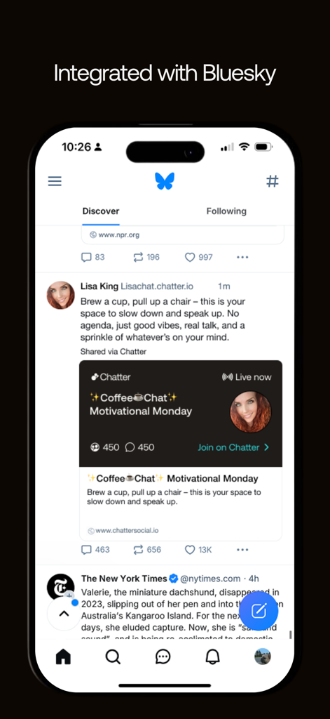 Chatter Social - Chatter Social app interface showing integrated Bluesky feed and live community chat rooms